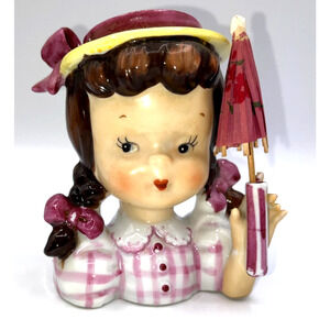Vintage Girl Head Vase Brunette Purple Pink Plaid Pigtails Napco Paper Umbrella